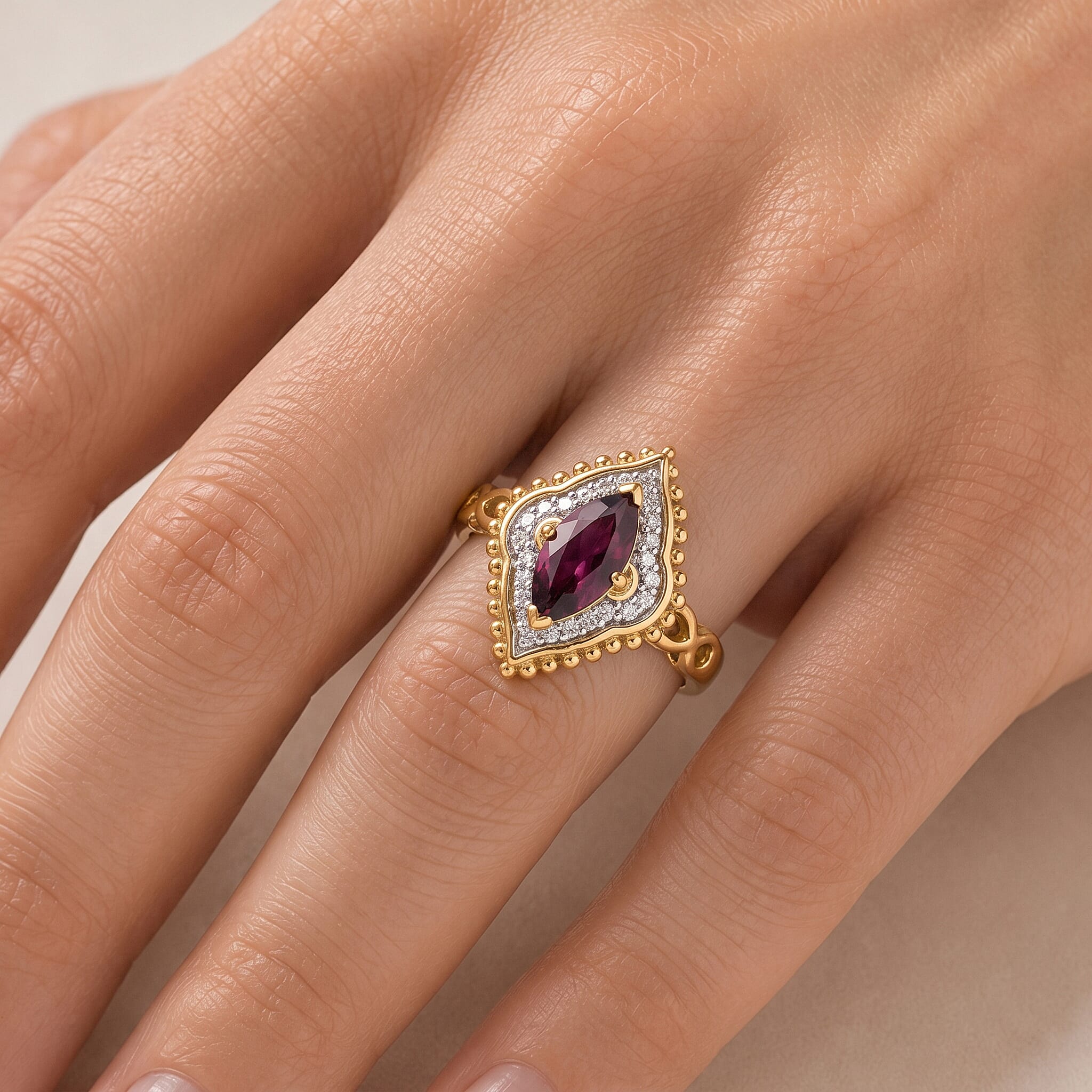 D'Joy Premium Orissa Rhodolite Garnet and Moissanite 1.40 ctw Gilded Wine Ring in 18K Vermeil Yellow Gold Over Sterling Silver (Size 5.0)