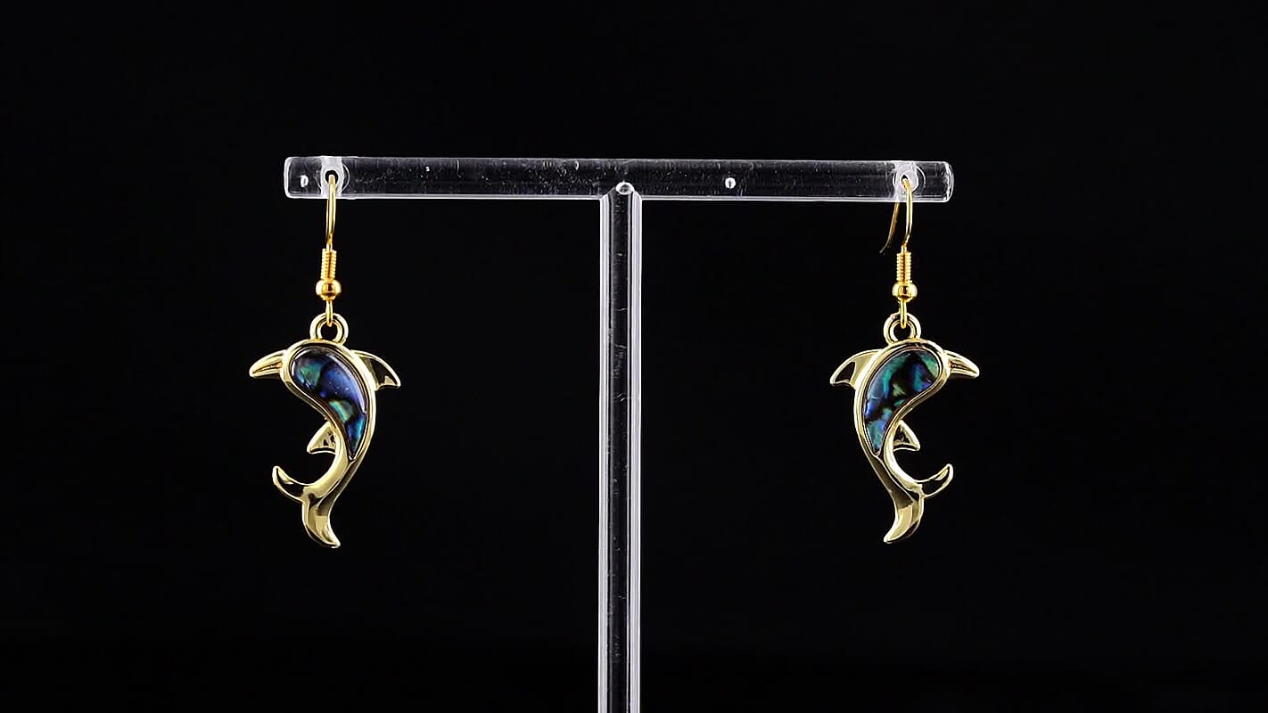 Abalone Shell Fish Earrings in Goldtone