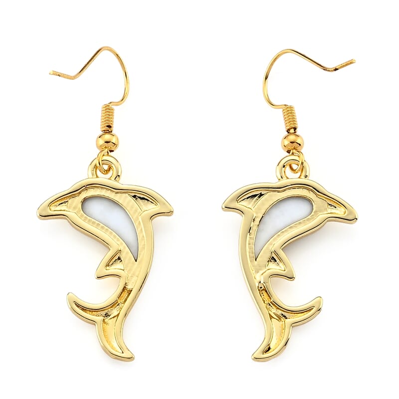 Abalone Shell Fish Earrings in Goldtone