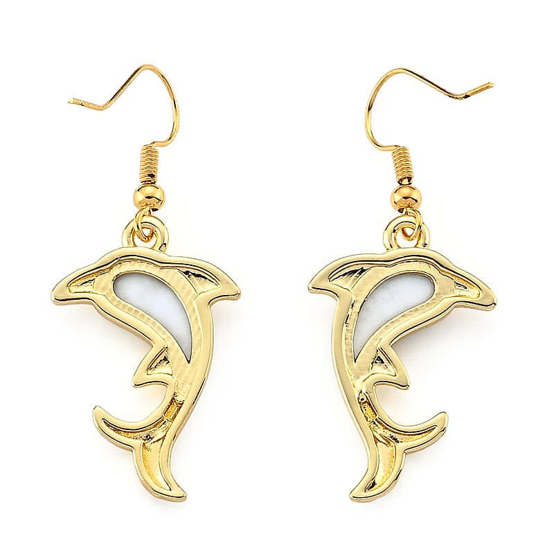 Abalone Shell Fish Earrings in Goldtone