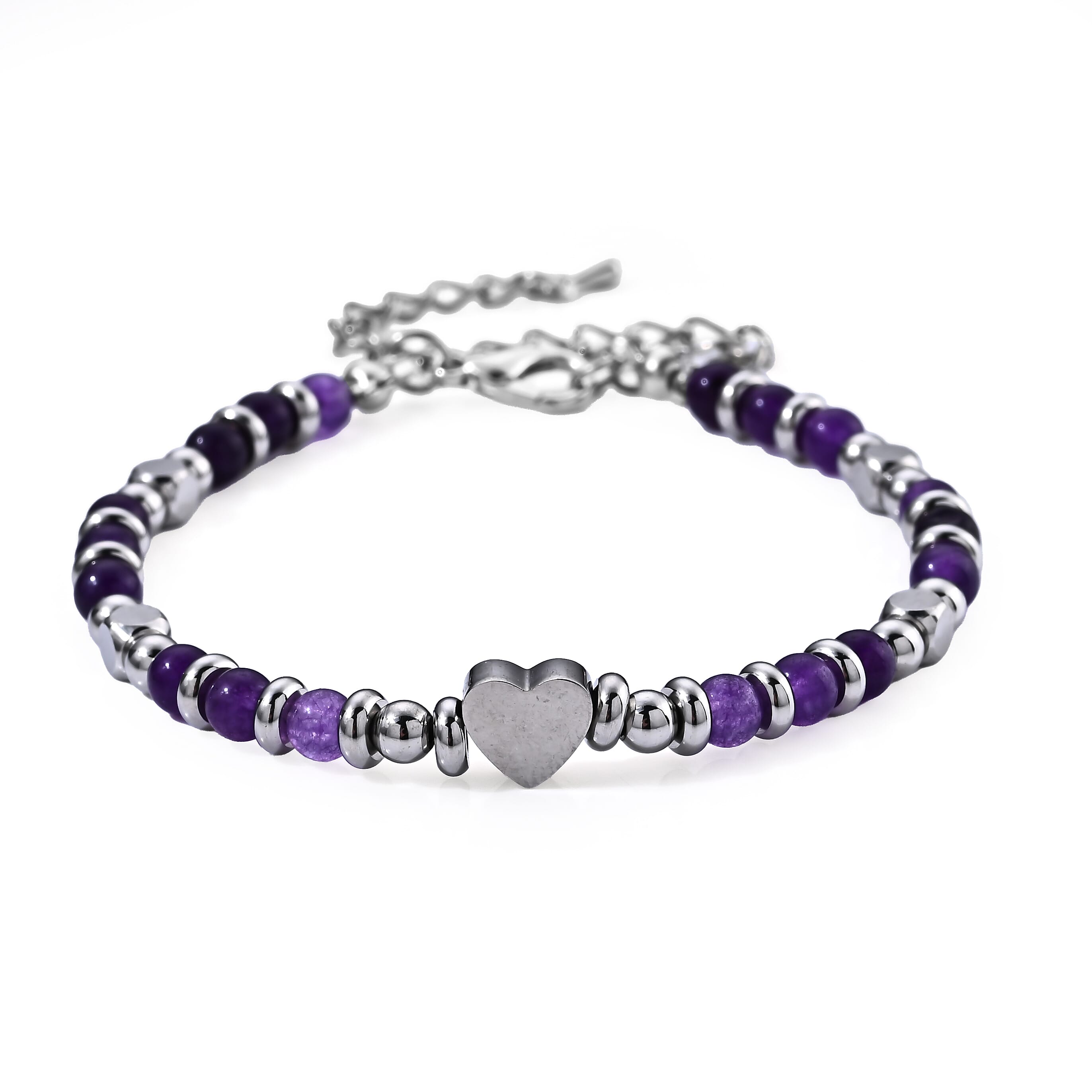 African Amethyst 25.00 ctw Beaded Stretch Bracelet (7.5-10.5In) in Stainless Steel