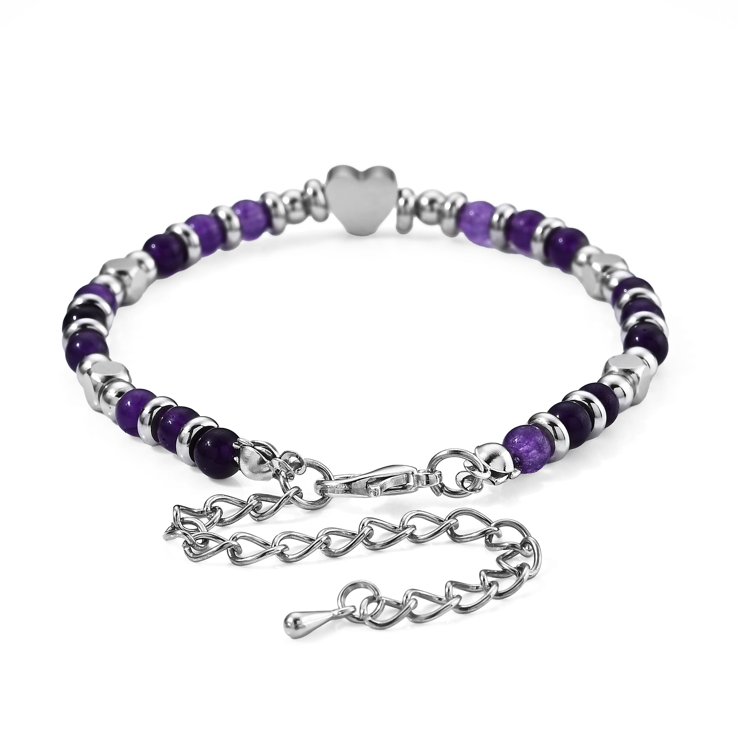 African Amethyst 25.00 ctw Beaded Stretch Bracelet (7.5-10.5In) in Stainless Steel