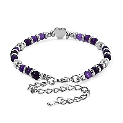 African Amethyst 25.00 ctw Beaded Stretch Bracelet (7.5-10.5In) in Stainless Steel