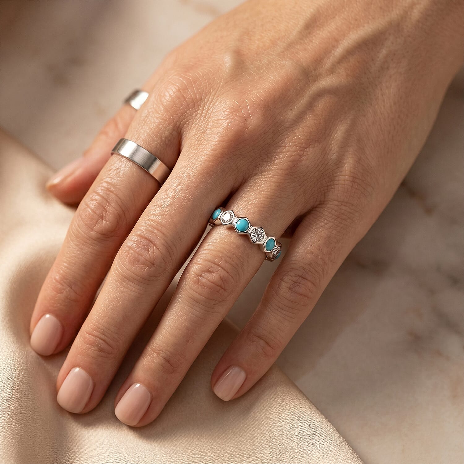 Turquoise and Simulated Diamond 0.35 ctw Eternity Ring in Sterling Silver (Size 7.0)