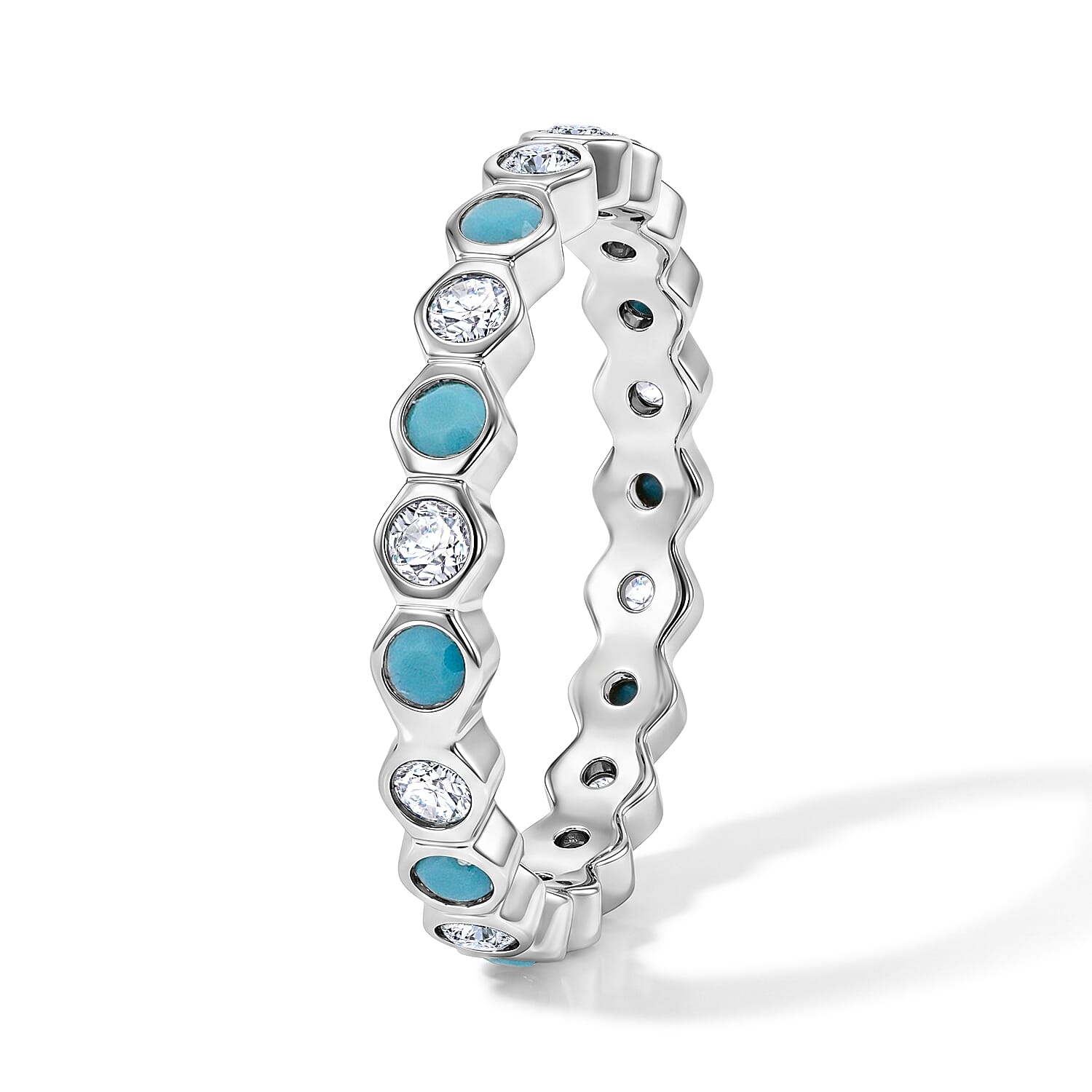 Turquoise and Simulated Diamond 0.35 ctw Eternity Ring in Sterling Silver (Size 7.0)