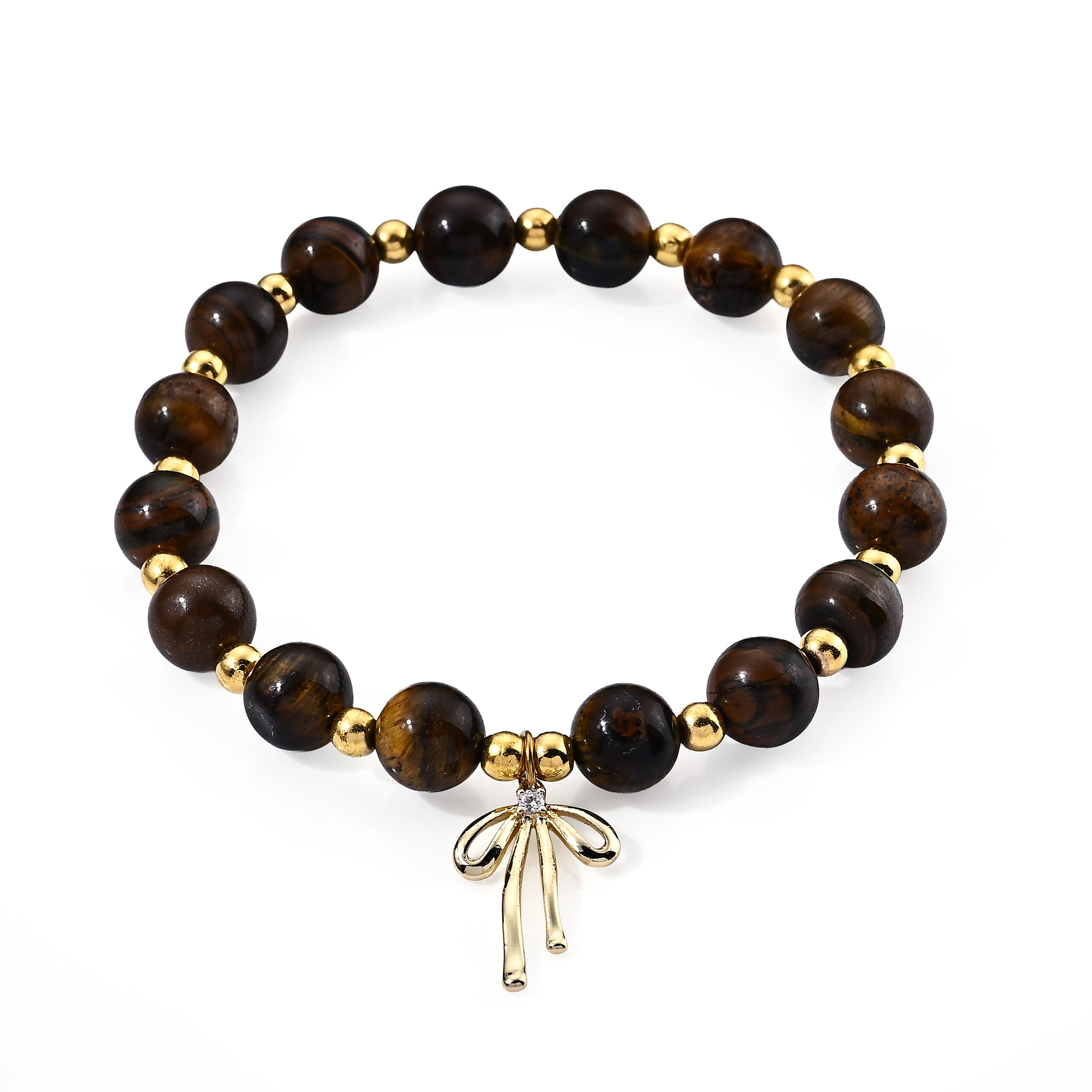 Tigers Eye 60.00 ctw Beaded Stretch Bracelet (6.5-7In) in Goldtone