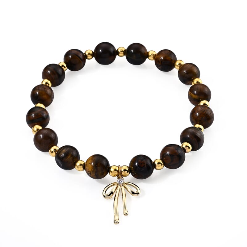 Tigers Eye 60.00 ctw Beaded Stretch Bracelet (6.5-7In) in Goldtone