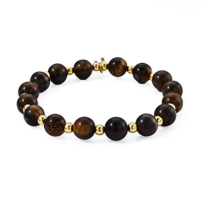 Tigers Eye 60.00 ctw Beaded Stretch Bracelet (6.5-7In) in Goldtone
