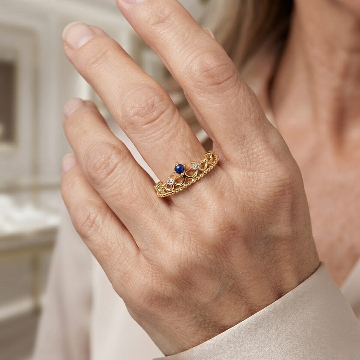 Lapis Lazuli and White Topaz 0.10 ctw Ring in 14K Yellow Gold Over Sterling Silver (Size 7.0) image number 1