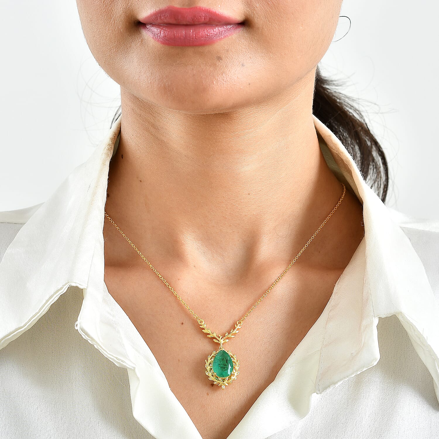 EverTrue Emeraldine Quartz (Triplet) and White Zircon 6.00 ctw Necklace in 18K YG Plated with ION Plated YG Stainless Steel 18 Inches