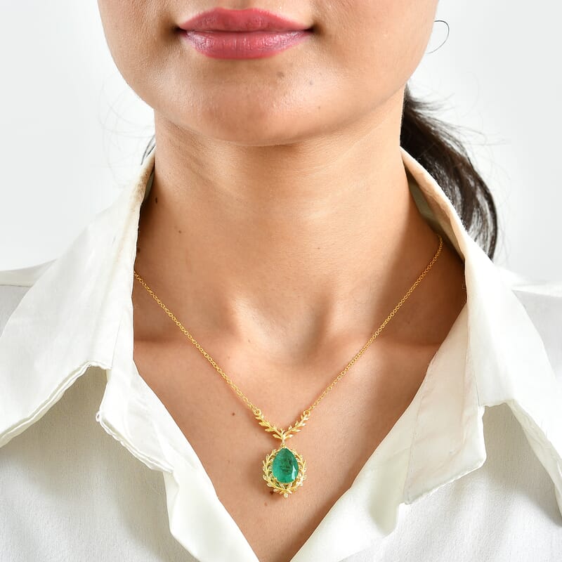 EverTrue Emeraldine Quartz (Triplet) and White Zircon 6.00 ctw Necklace in 18K YG Plated with ION Plated YG Stainless Steel 18 Inches