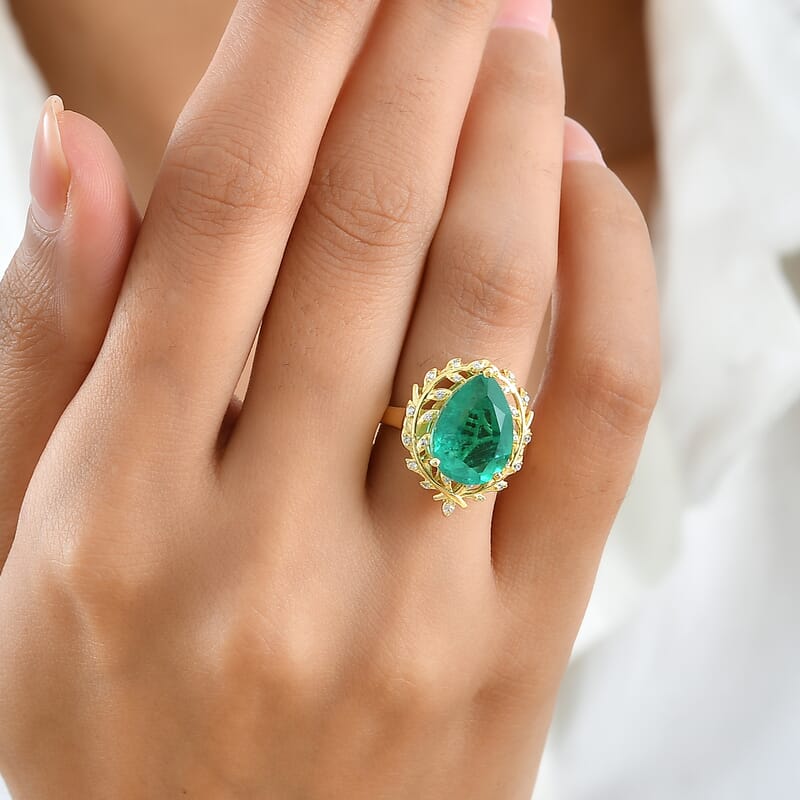 EverTrue Emeraldine Quartz (Triplet) and White Zircon 5.60 ctw Ring in 18K YG Plated (Size 6.0)