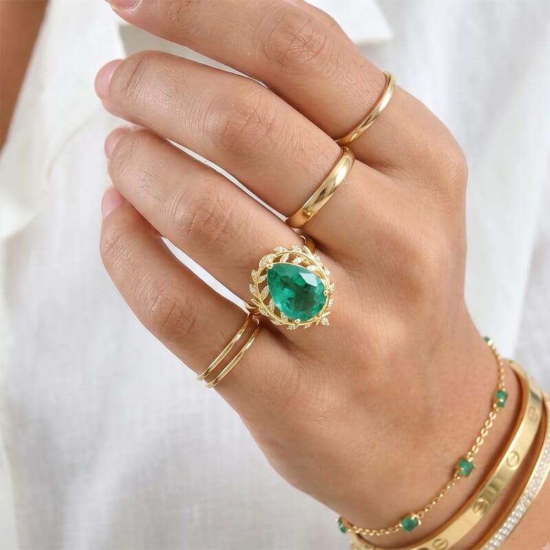 EverTrue Emeraldine Quartz (Triplet) and White Zircon 5.60 ctw Ring in 18K YG Plated (Size 6.0)