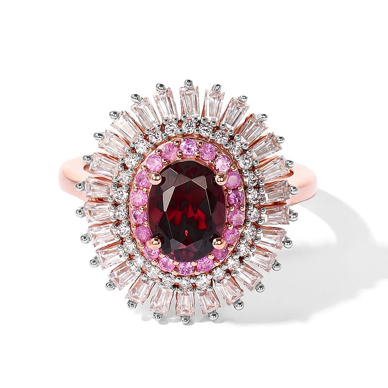 D'Joy AAA Red Zircon and Multi Gemstone 3.00 ctw Ring in 18K Vermeil Rose Gold Over Sterling Silver (Size 5.0)