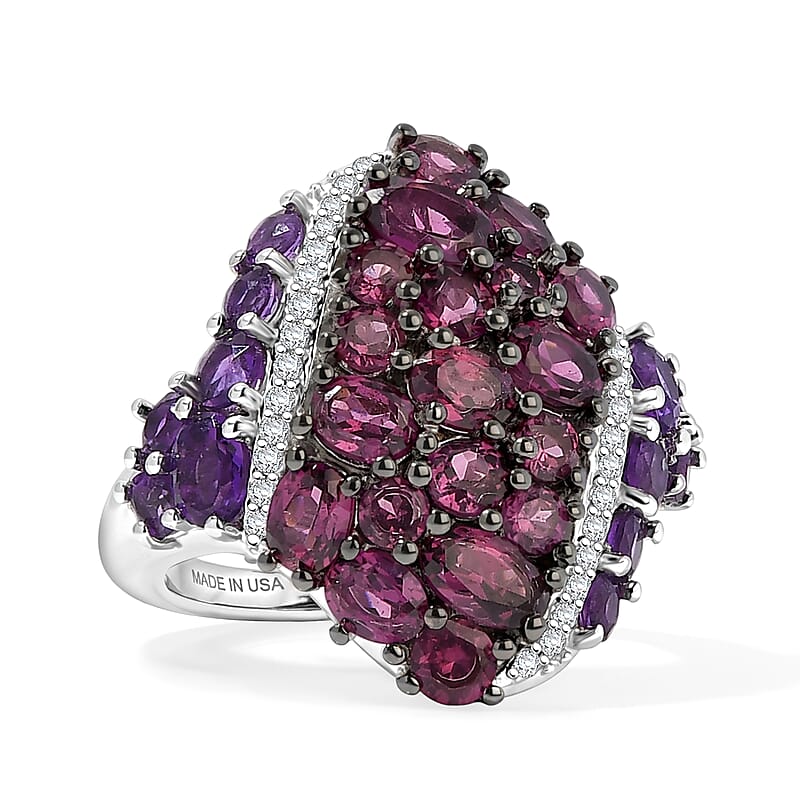 D'Joy Premium Orissa Rhodolite Garnet and Multi Gemstone 4.10 ctw Berry Crown Ring in Rhodium Over Sterling Silver (Size 5.0)