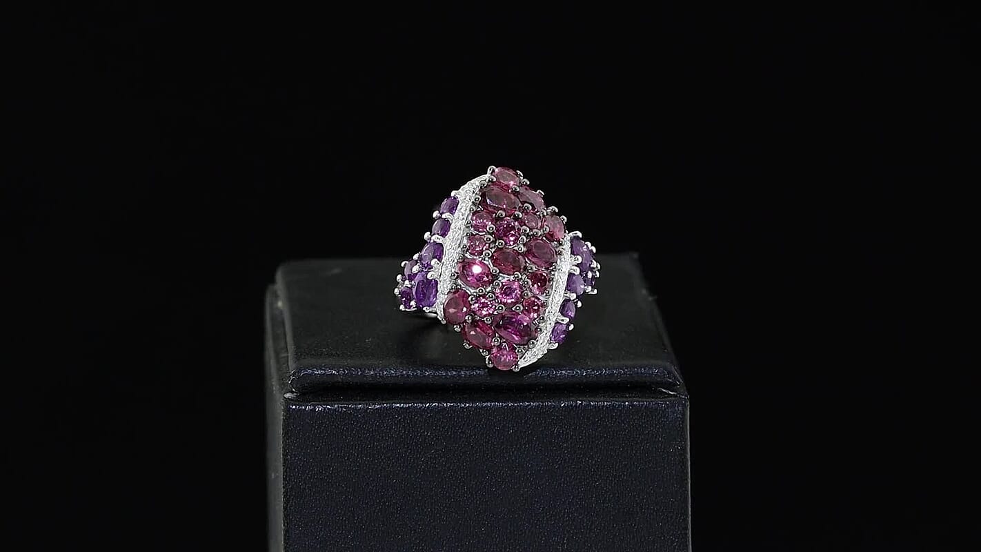 D'Joy Premium Orissa Rhodolite Garnet, Multi Gemstone Berry Crown Ring in Rhodium Over Sterling Silver (Size 10.0) 4.10 ctw