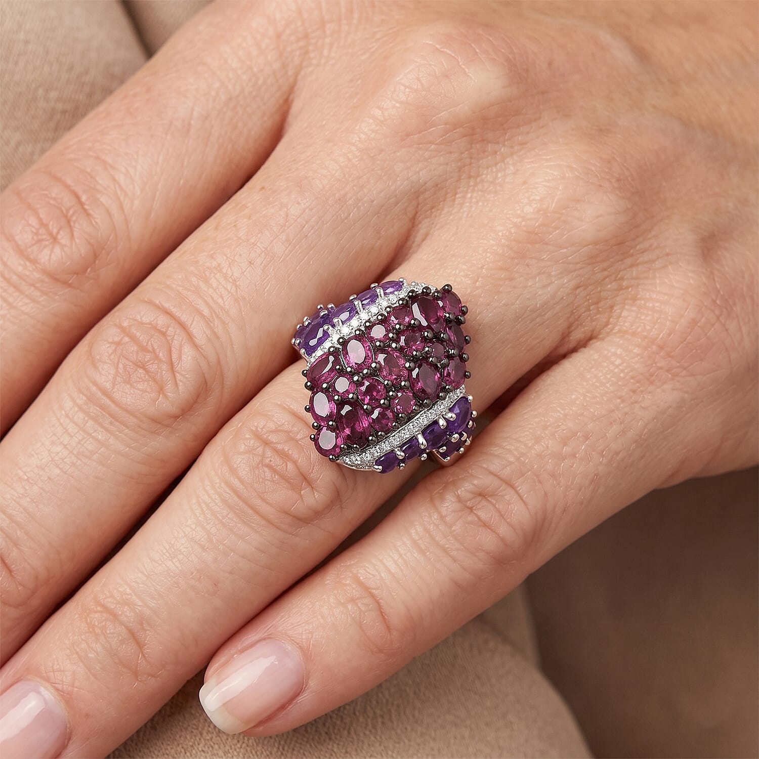 D'Joy Premium Orissa Rhodolite Garnet and Multi Gemstone 4.10 ctw Berry Crown Ring in Rhodium Over Sterling Silver (Size 5.0)