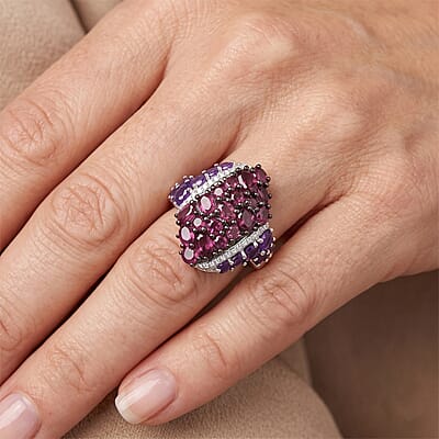 D'Joy Premium Orissa Rhodolite Garnet and Multi Gemstone 4.10 ctw Berry Crown Ring in Rhodium Over Sterling Silver (Size 5.0)