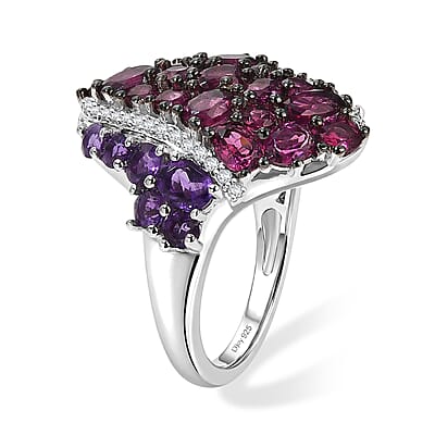 D'Joy Premium Orissa Rhodolite Garnet and Multi Gemstone 4.10 ctw Berry Crown Ring in Rhodium Over Sterling Silver (Size 5.0)