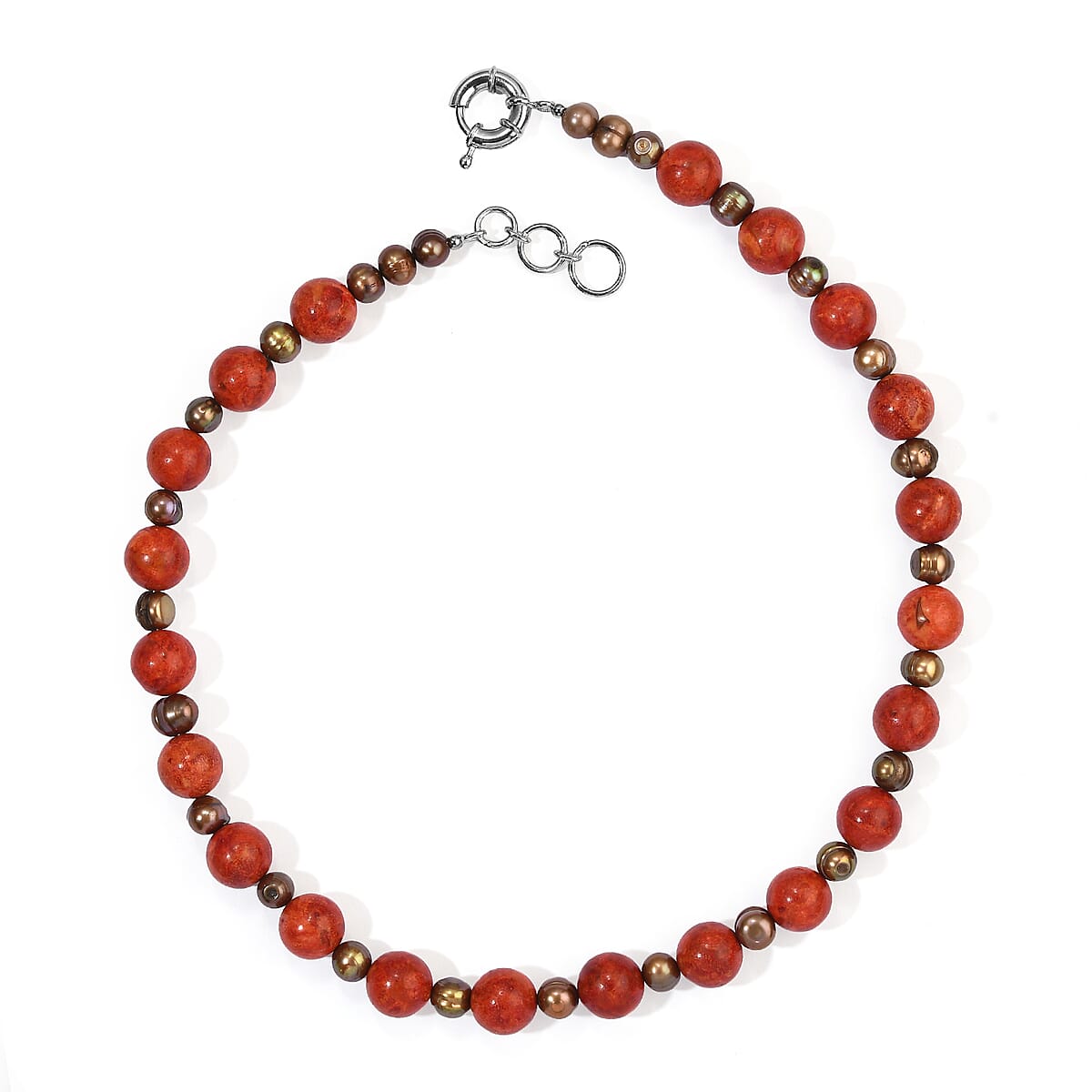 EverTrue Brown Pearl (D) and Coral 123.00 ctw Necklace (18 Inches) in Platinum Bond image number 1