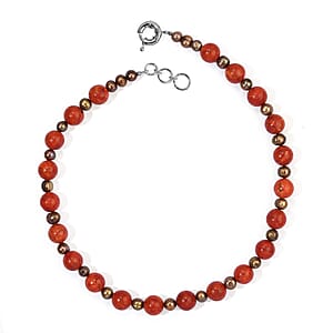 EverTrue Brown Pearl (D) and Coral 123.00 ctw Necklace (18 Inches) in Platinum Bond