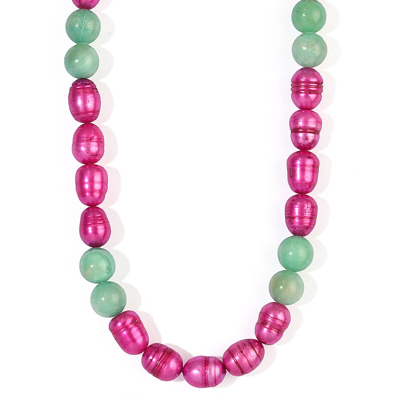 EverTrue Amazonite 70.00 ctw and Pink Freshwater Pearl (D) Necklace (18 Inches) in Platinum Bond