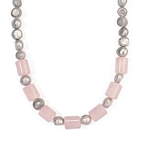 EverTrue Grey Pearl (D) and Galilea Rose Quartz 85.00 ctw Necklace (18 Inches) in Platinum Bond