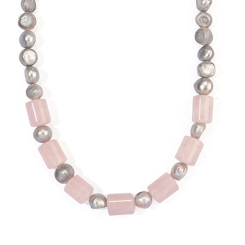 EverTrue Grey Pearl (D) and Galilea Rose Quartz 85.00 ctw Necklace (18 Inches) in Platinum Bond