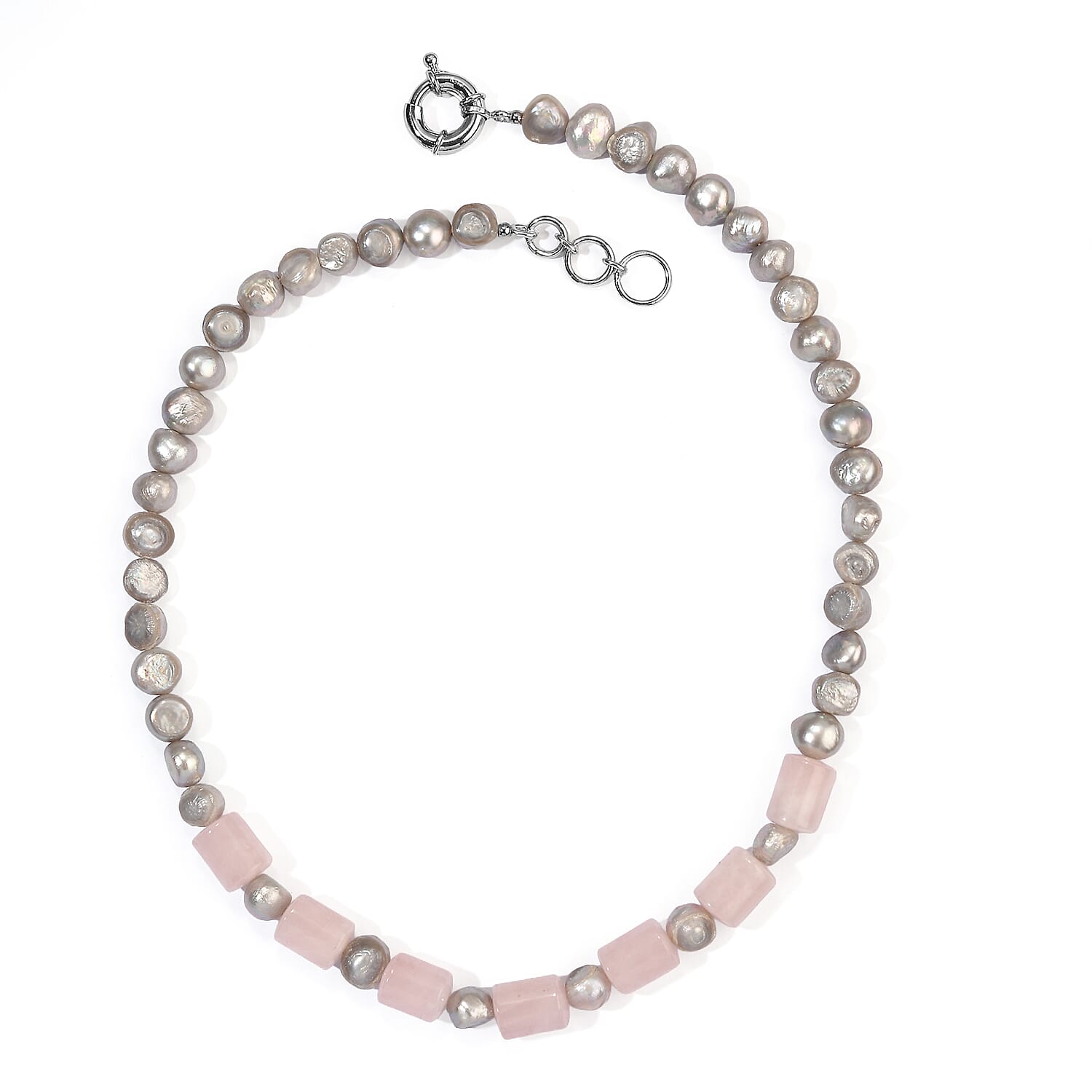 EverTrue Grey Pearl (D) and Galilea Rose Quartz 85.00 ctw Necklace (18 Inches) in Platinum Bond