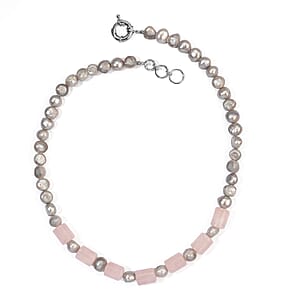 EverTrue Grey Pearl (D) and Galilea Rose Quartz 85.00 ctw Necklace (18 Inches) in Platinum Bond