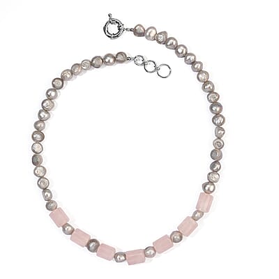 EverTrue Grey Pearl (D) and Galilea Rose Quartz 85.00 ctw Necklace (18 Inches) in Platinum Bond