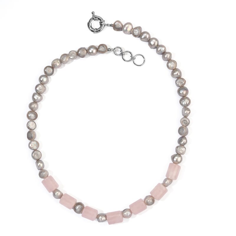 EverTrue Grey Pearl (D) and Galilea Rose Quartz 85.00 ctw Necklace (18 Inches) in Platinum Bond