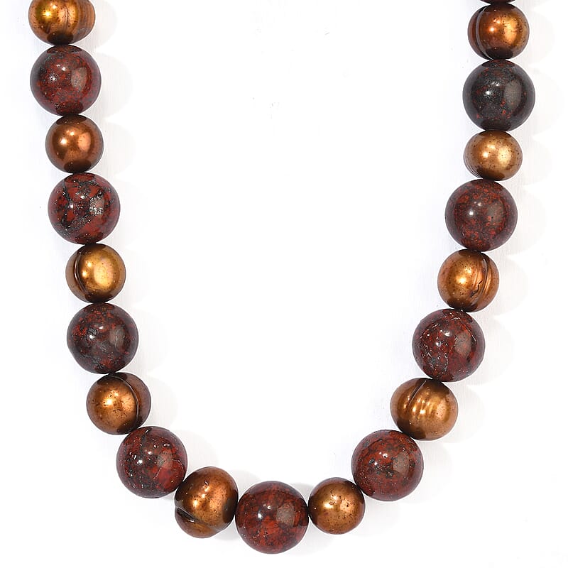EverTrue Brown Pearl (D) and Red Jasper 165.00 ctw Necklace (18 Inches) in Platinum Bond