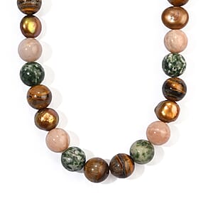 EverTrue Multi Gemstone 260.00 ctw and Burgundy Freshwater Pearl (D) Necklace (18 Inches) in Platinum Bond
