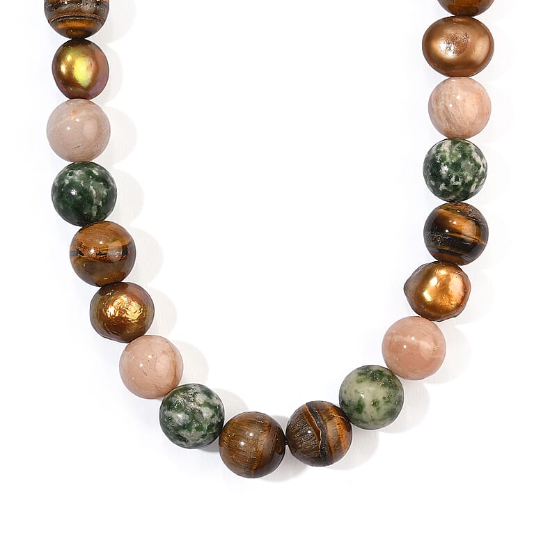 EverTrue Multi Gemstone 260.00 ctw and Burgundy Freshwater Pearl (D) Necklace (18 Inches) in Platinum Bond