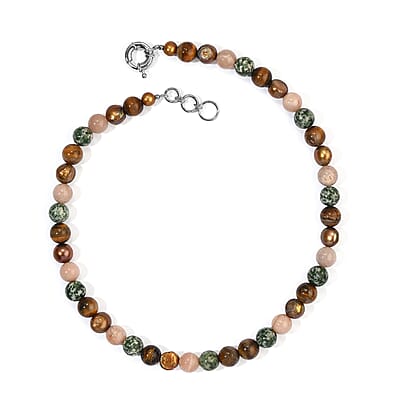 EverTrue Multi Gemstone 260.00 ctw and Burgundy Freshwater Pearl (D) Necklace (18 Inches) in Platinum Bond