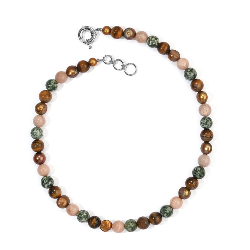 EverTrue Multi Gemstone 260.00 ctw and Burgundy Freshwater Pearl (D) Necklace (18 Inches) in Platinum Bond