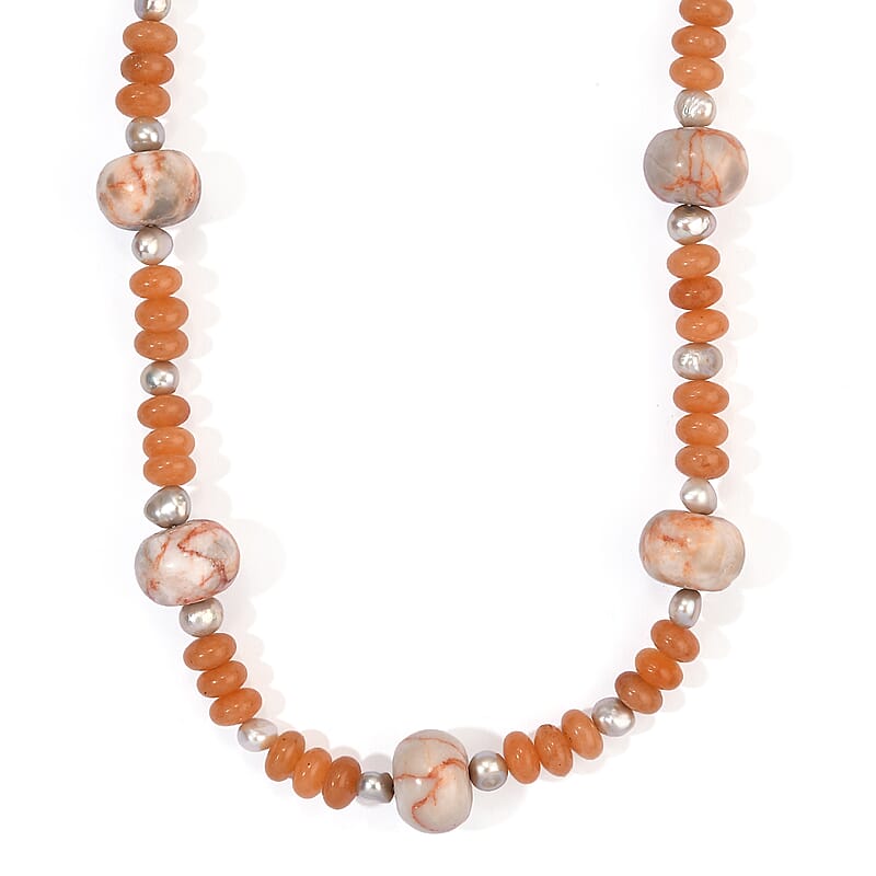 EverTrue Pink Web Jasper and Red Aventurine 265.00 ctw and Grey Pearl Necklace (18 Inches) in Platinum Bond