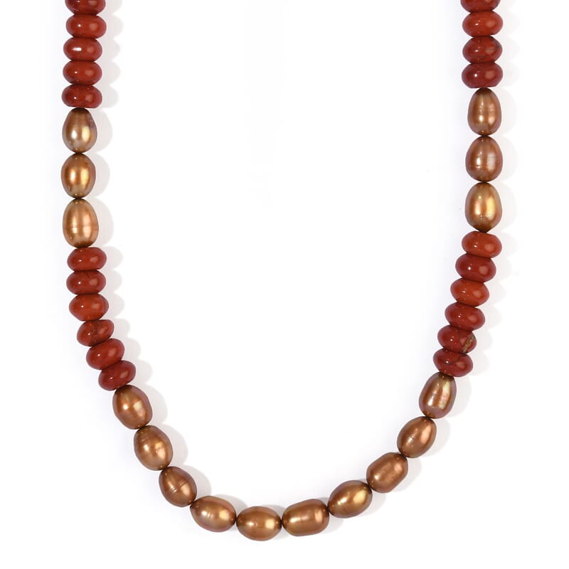 EverTrue Brown Pearl (D) and Red Jasper 120.00 ctw Necklace (18 Inches) in Platinum Bond