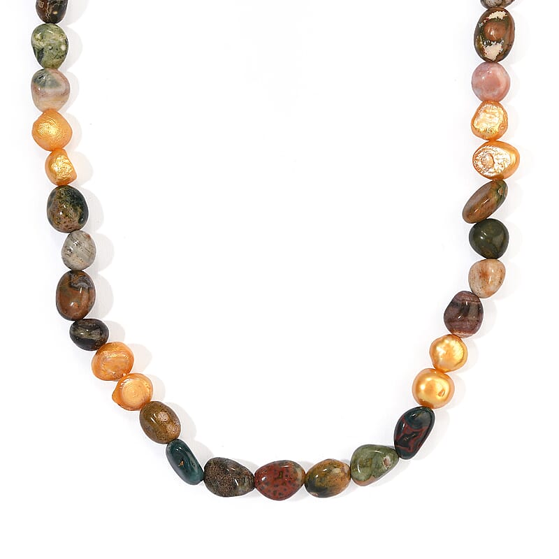 EverTrue Golden Pearl (D) and Moss Agate 100.00 ctw Necklace (18 Inches) in Platinum Bond