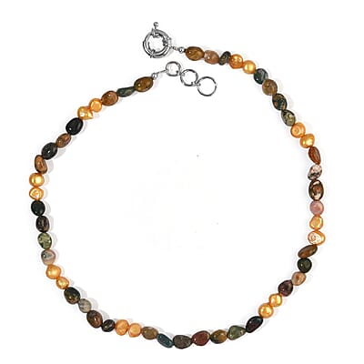 EverTrue Golden Pearl (D) and Moss Agate 100.00 ctw Necklace (18 Inches) in Platinum Bond