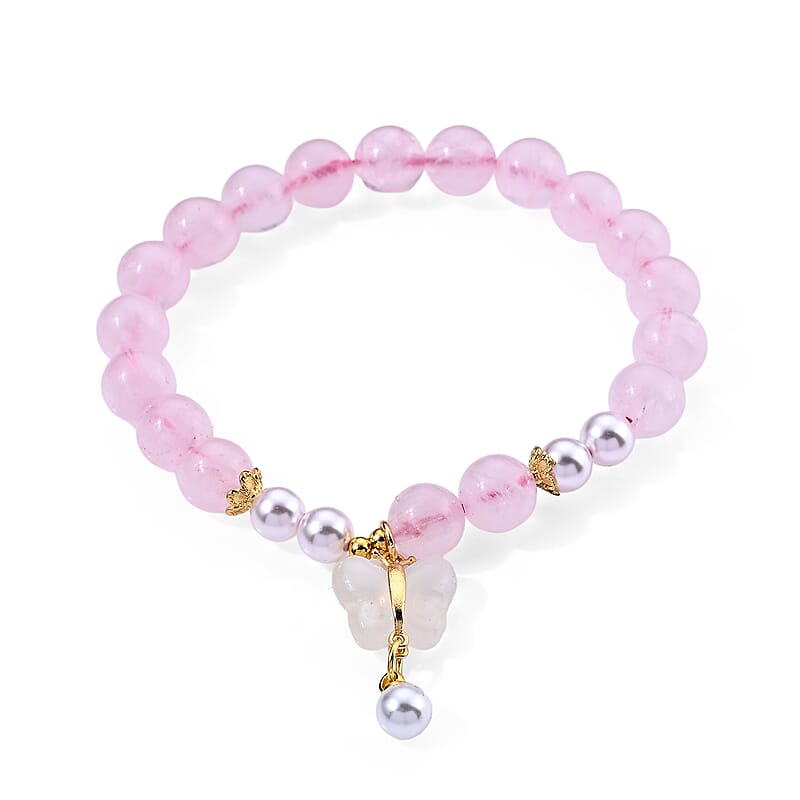 Galilea Rose Quartz 65.00 ctw and Glass Pearl Beaded Stretch Bracelet with Butterfly Charm in Goldtone