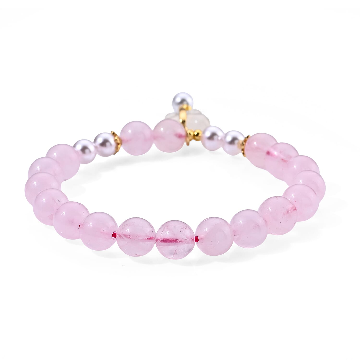 Galilea Rose Quartz 65.00 ctw and Glass Pearl Beaded Stretch Bracelet with Butterfly Charm in Goldtone