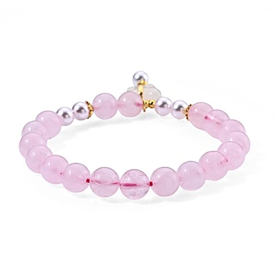 Galilea Rose Quartz 65.00 ctw and Glass Pearl Beaded Stretch Bracelet with Butterfly Charm in Goldtone