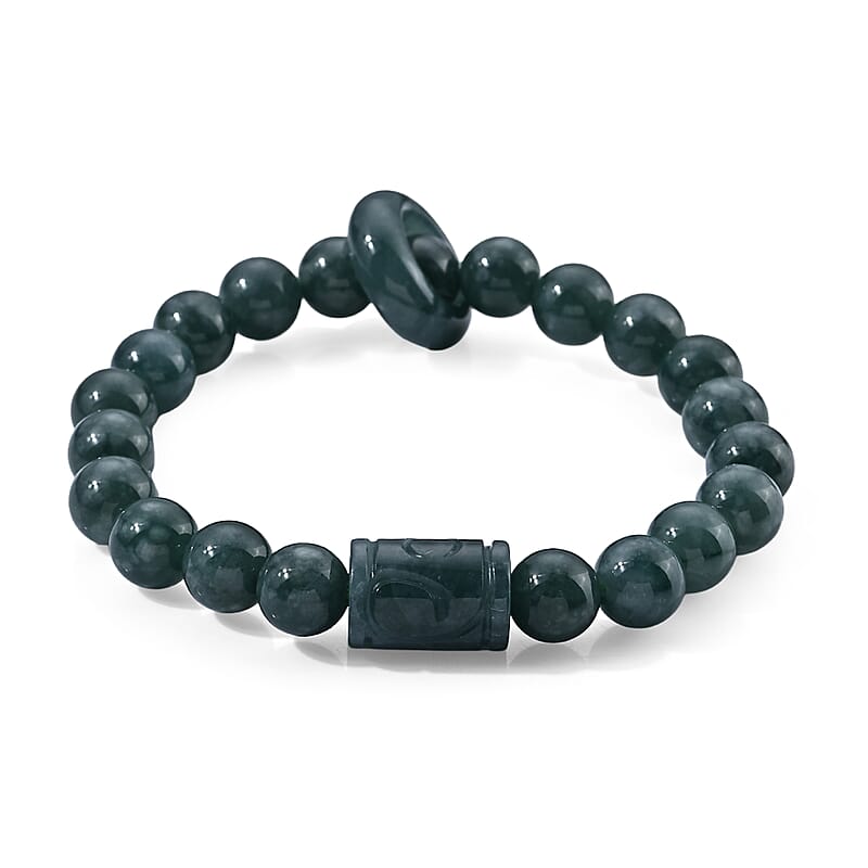Natural Olmec Jadeite 110.00 ctw Beaded Stretch Bracelet in Silvertone (6.25-6.75In)