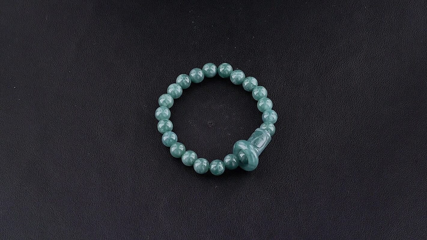 Natural Olmec Jadeite Beaded Stretch Bracelet in Silvertone (6.25-6.75In) 110.00 ctw