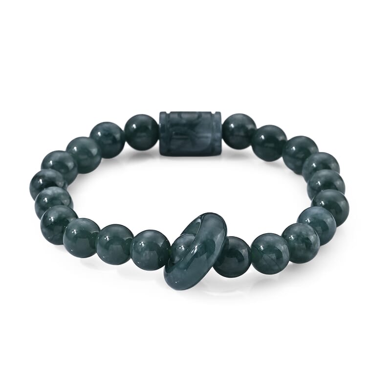 Natural Olmec Jadeite 110.00 ctw Beaded Stretch Bracelet in Silvertone (6.25-6.75In)