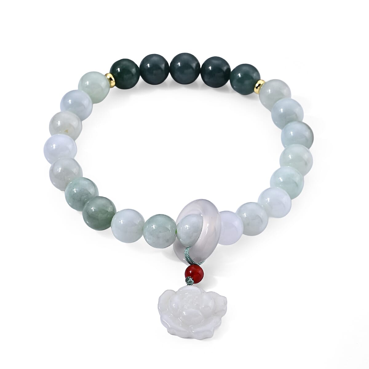 Natural Jade and Multi Gemstone 105.00 ctw Beaded Stretch Bracelet with Lotus Charm in Goldtone (6.25-6.75In)