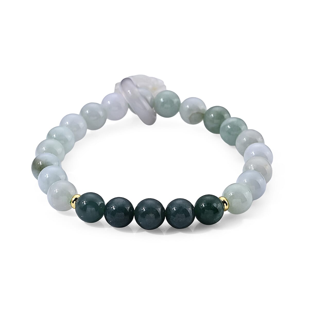 Natural Jade and Multi Gemstone 105.00 ctw Beaded Stretch Bracelet with Lotus Charm in Goldtone (6.25-6.75In)