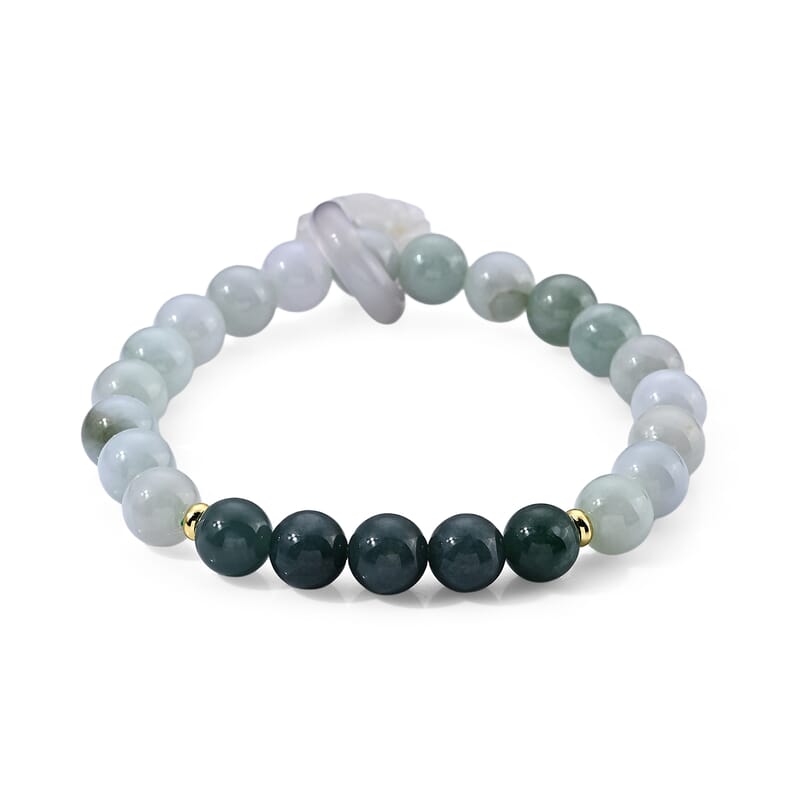 Natural Jade and Multi Gemstone 105.00 ctw Beaded Stretch Bracelet with Lotus Charm in Goldtone (6.25-6.75In)